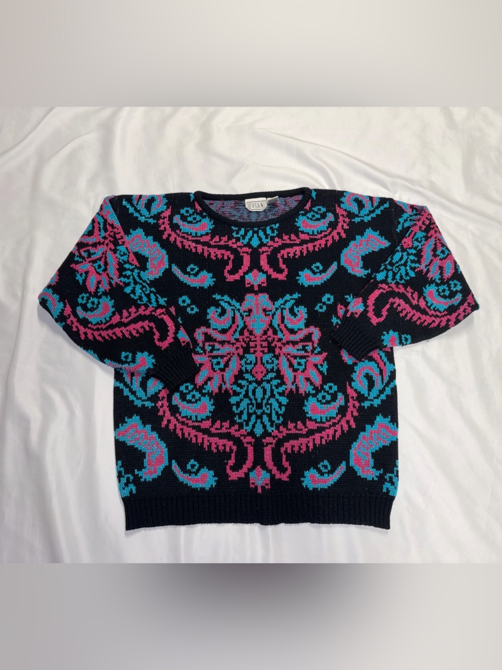 Vintage Evian LTD Crewneck Sweater with Pink & Teal Paisley Pattern   Lot O